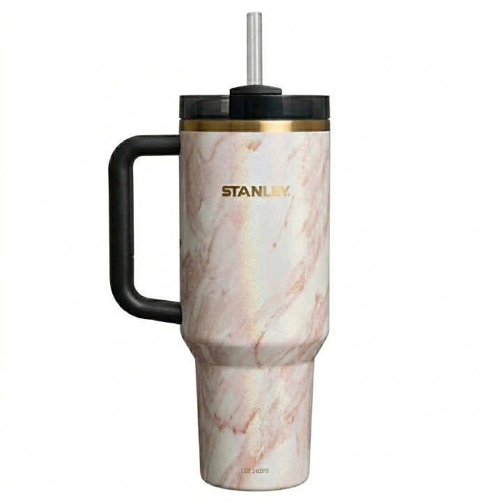 Stanley Mother's Day Edition Tumbler - Marble Shimmer Cup with Gold Rim & Handle