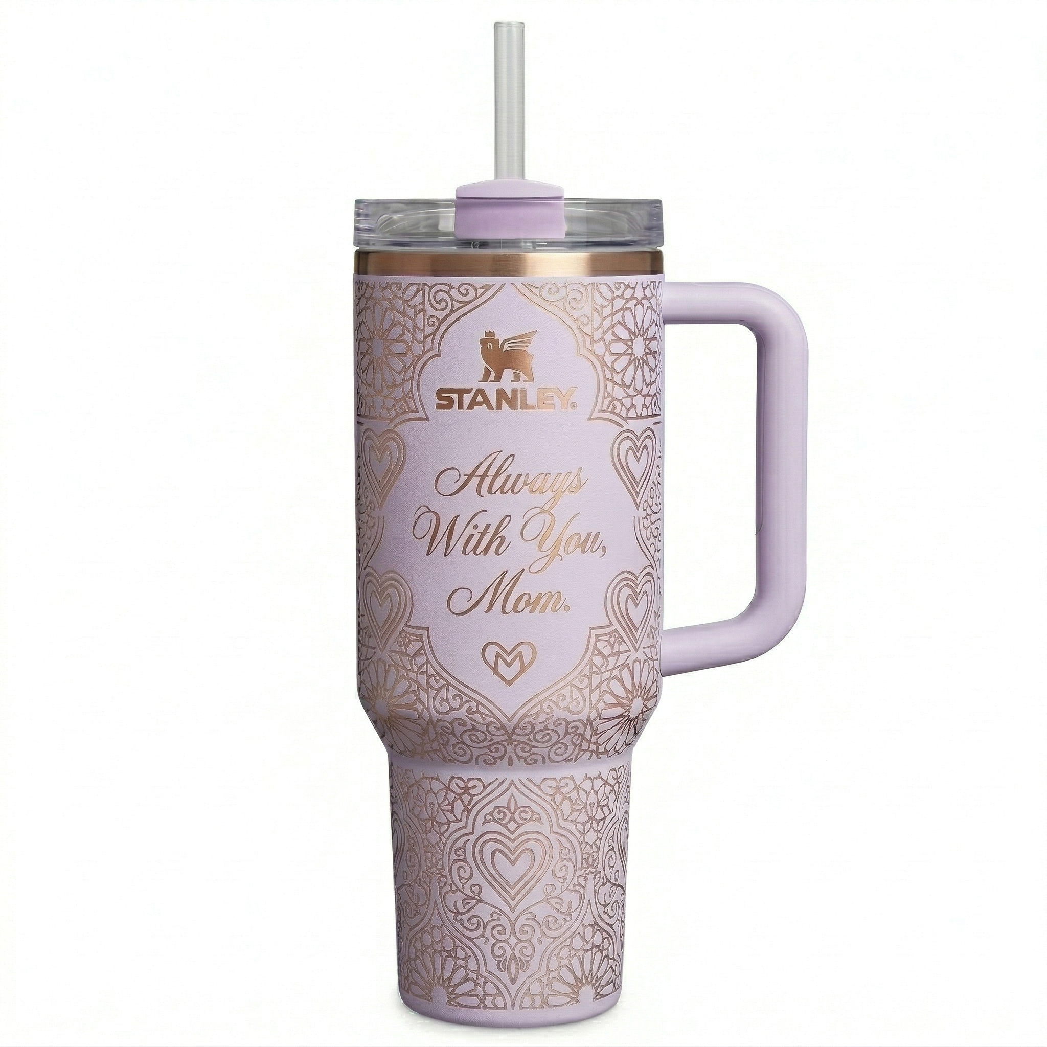 Stanley Mother's Day Gift Tumbler - Blush Pink with Rose Gold Mandala Hearts, Insulated Straw Cup