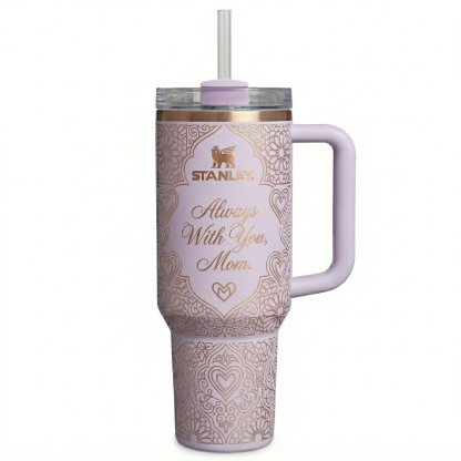 Stanley Mother's Day Gift Tumbler - Blush Pink with Rose Gold Mandala Hearts, Insulated Straw Cup