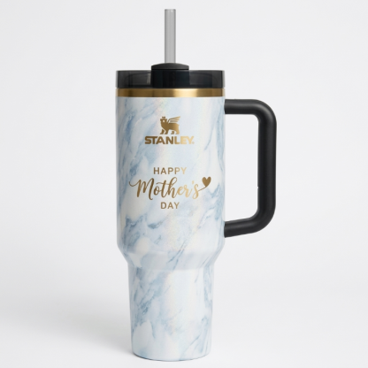Stanley Mother's Day Edition Tumbler - Marble Shimmer Cup with Gold Rim & Handle