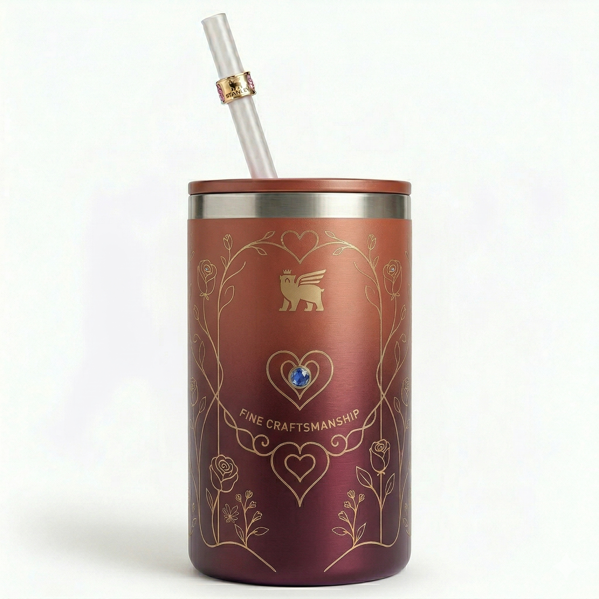 Stanley Mother's Day Limited Edition Tumbler - Pink Floral Cup with Blue Gemstone & Straw Charm 12oz