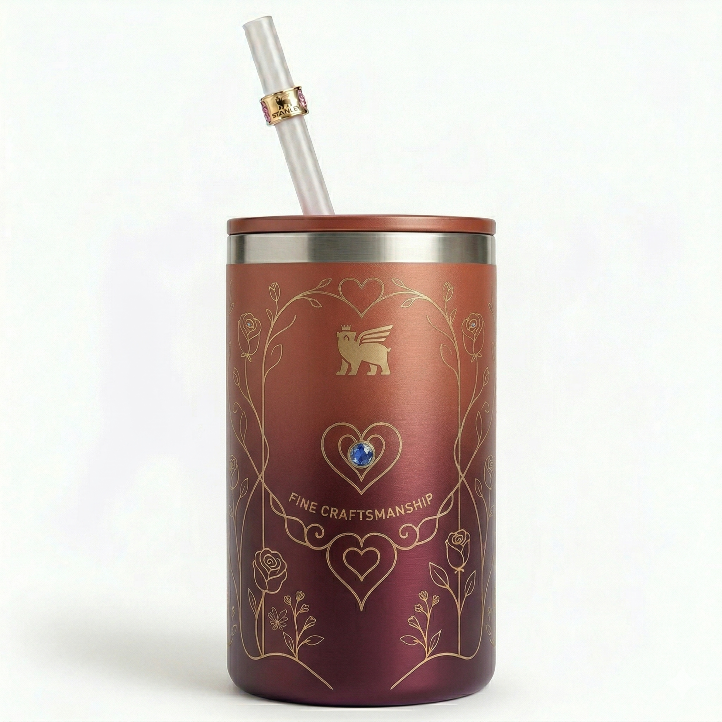 Stanley Mother's Day Limited Edition Tumbler - Pink Floral Cup with Blue Gemstone & Straw Charm 12oz