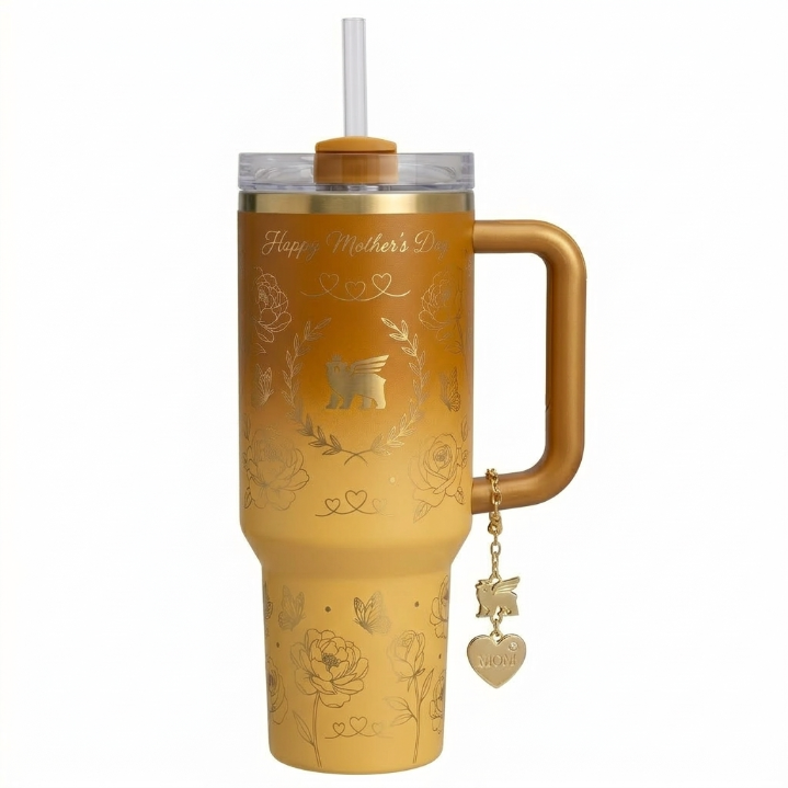 Stanley Mother's Day Edition Tumbler - Pastel Ombre Floral Cup with Gold "MOM" Charm & Straw
