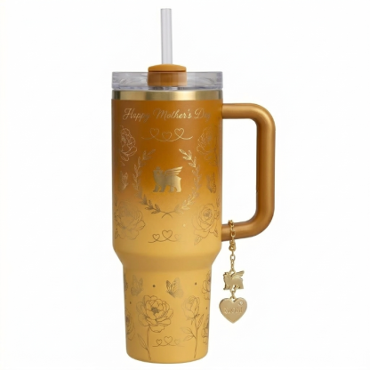 Stanley Mother's Day Edition Tumbler - Pastel Ombre Floral Cup with Gold "MOM" Charm & Straw