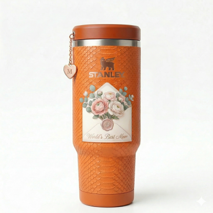 Stanley Mother's Day Edition Tumbler - Pink Snake-Embossed Cup with Floral Envelope & "M" Heart Charm
