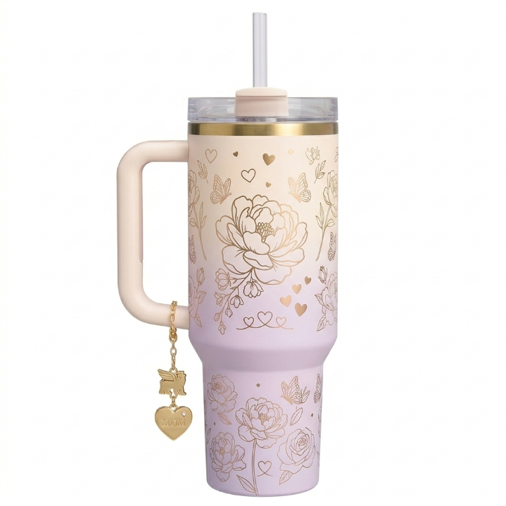 Stanley Mother's Day Edition Tumbler - Pastel Ombre Floral Cup with Gold "MOM" Charm & Straw