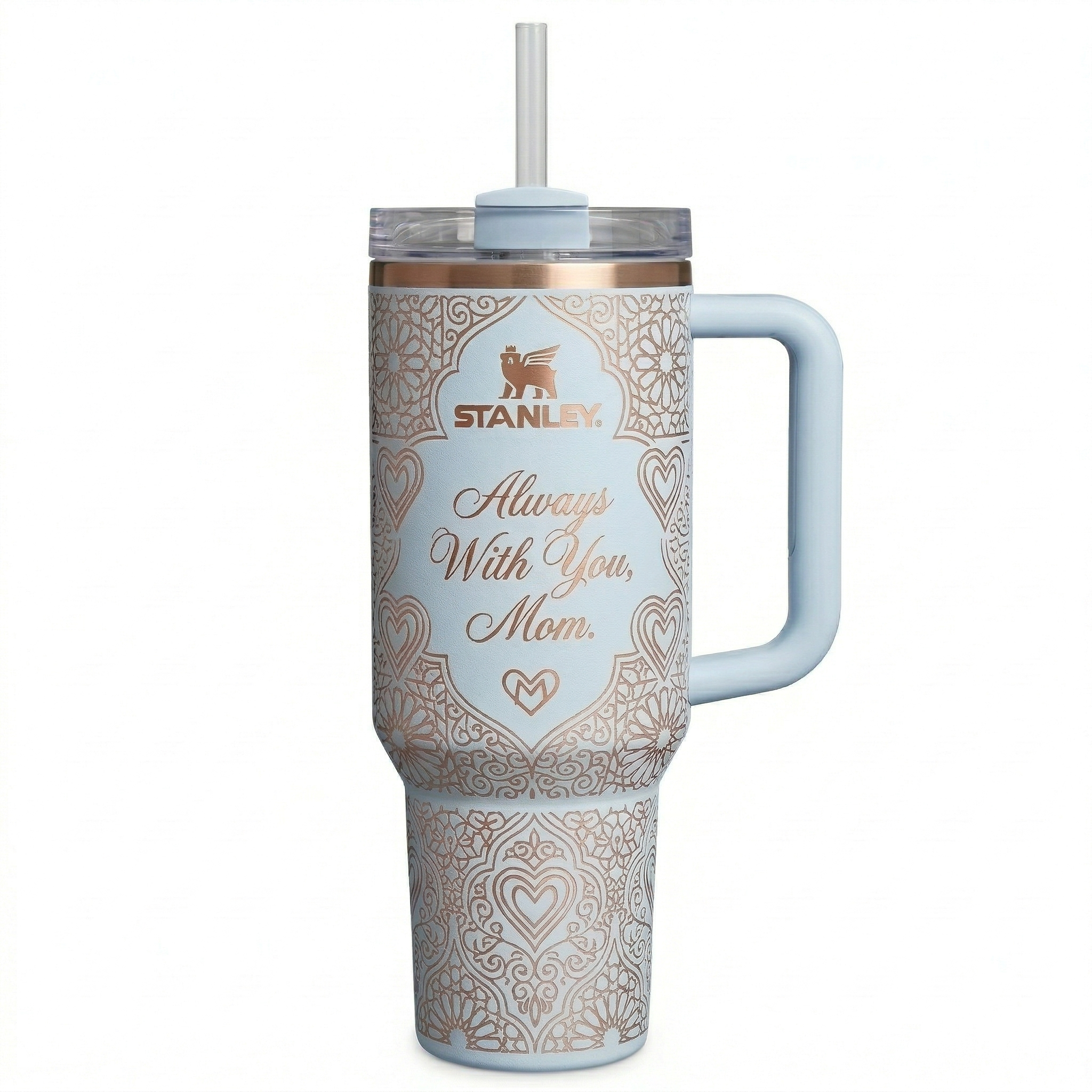 Stanley Mother's Day Gift Tumbler - Blush Pink with Rose Gold Mandala Hearts, Insulated Straw Cup