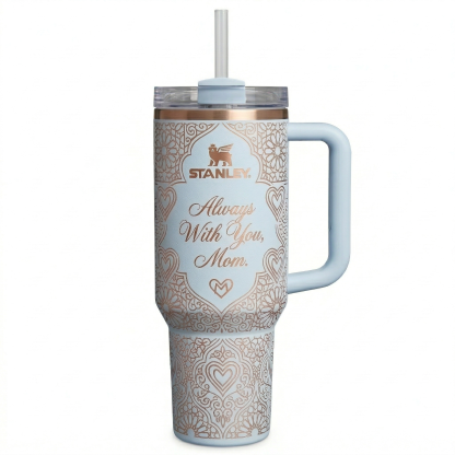 Stanley Mother's Day Gift Tumbler - Blush Pink with Rose Gold Mandala Hearts, Insulated Straw Cup