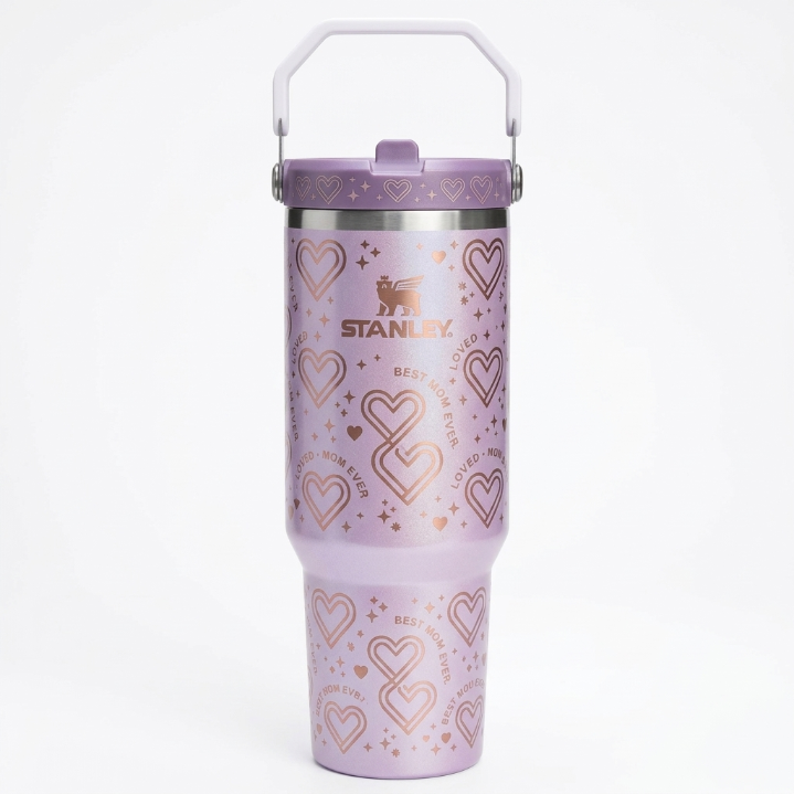 Stanley Mother's Day Gift Tumbler - Metallic Purple Heart Pattern Bottle with Carry Handle