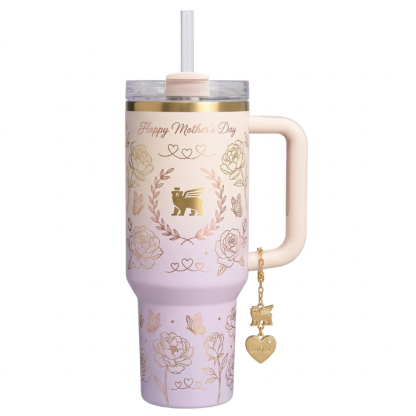 Stanley Mother's Day Edition Tumbler - Pastel Ombre Floral Cup with Gold "MOM" Charm & Straw