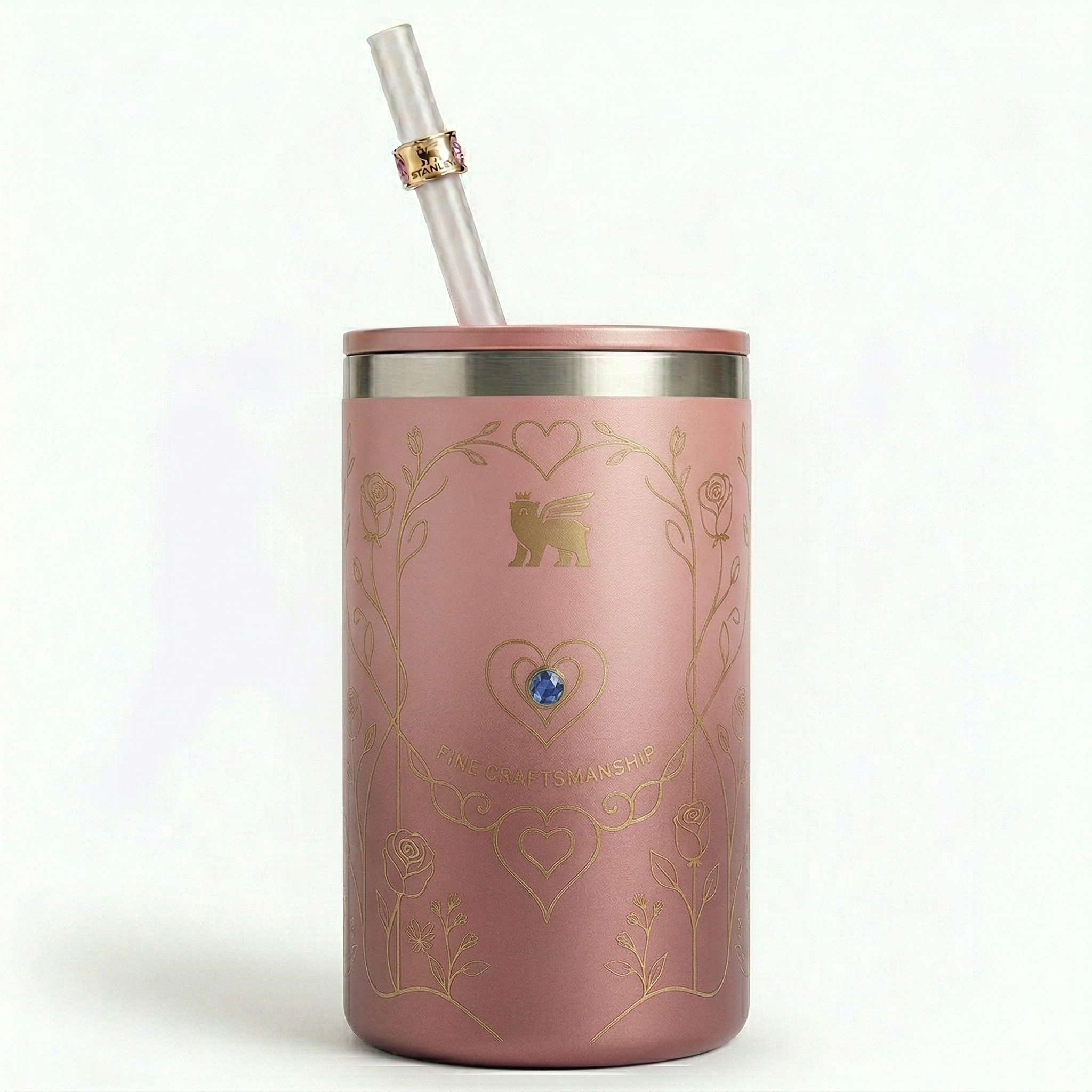 Stanley Mother's Day Limited Edition Tumbler - Pink Floral Cup with Blue Gemstone & Straw Charm 12oz