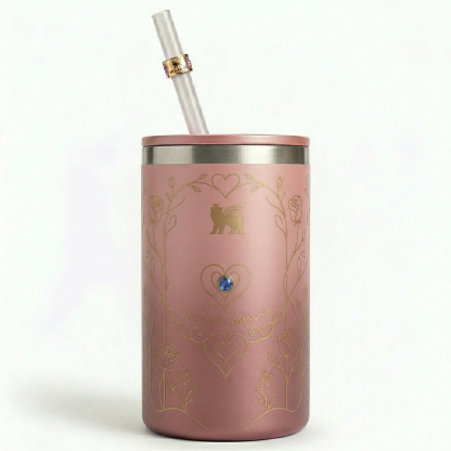 Stanley Mother's Day Limited Edition Tumbler - Pink Floral Cup with Blue Gemstone & Straw Charm 12oz