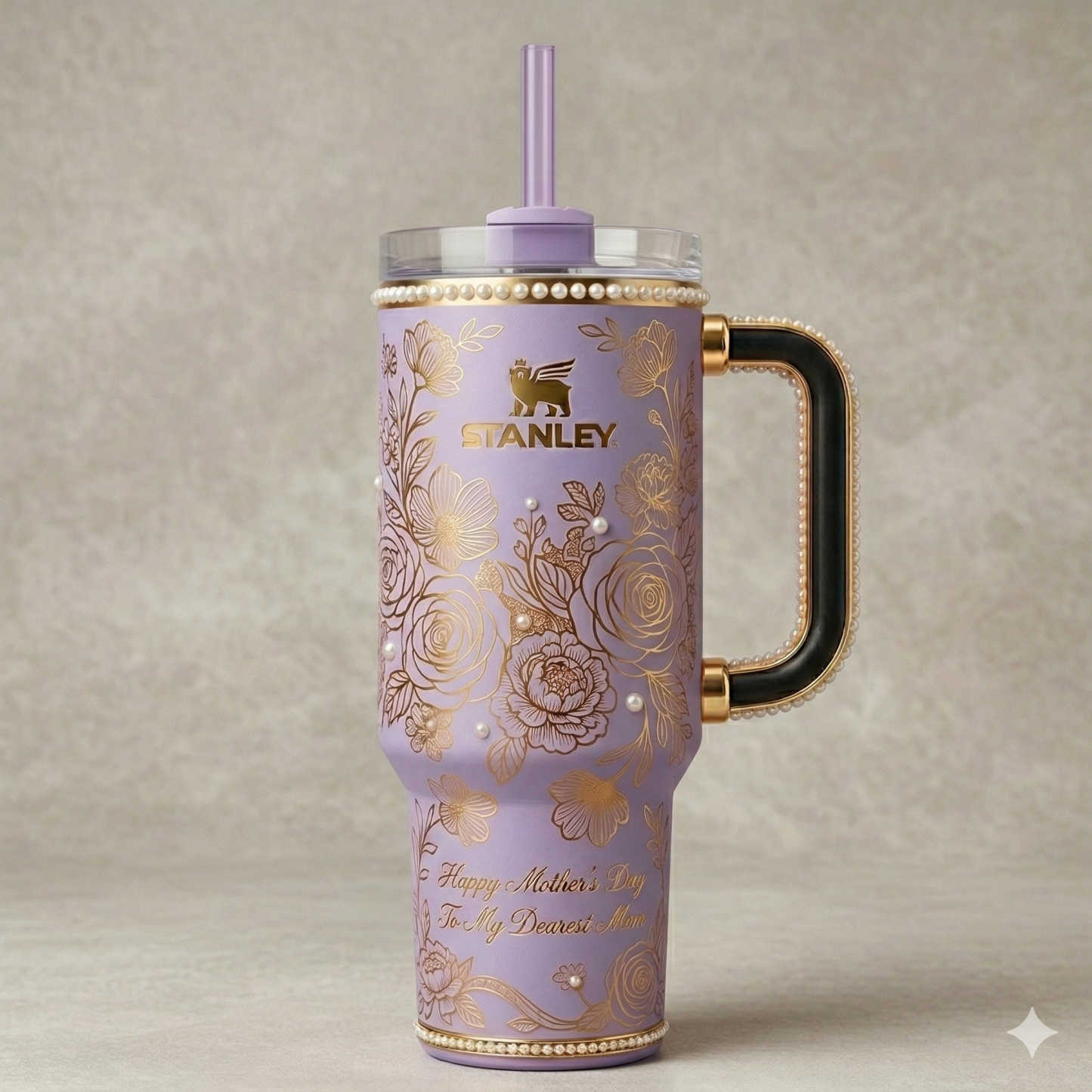 Stanley Mother's Day Tumbler, Pink with Pearl Accents & Gold Floral Engraving 40 oz