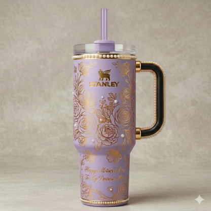 Stanley Mother's Day Tumbler, Pink with Pearl Accents & Gold Floral Engraving 40 oz