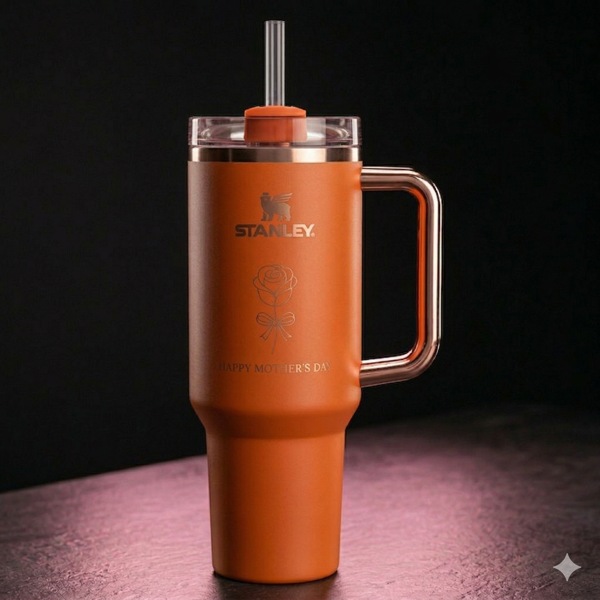 Stanley Mother's Day Tumbler, Pink & Orange with Single Rose Engraving