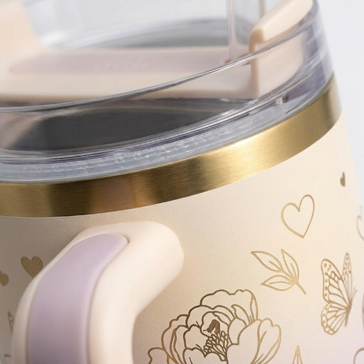 Stanley Mother's Day Edition Tumbler - Pastel Ombre Floral Cup with Gold "MOM" Charm & Straw