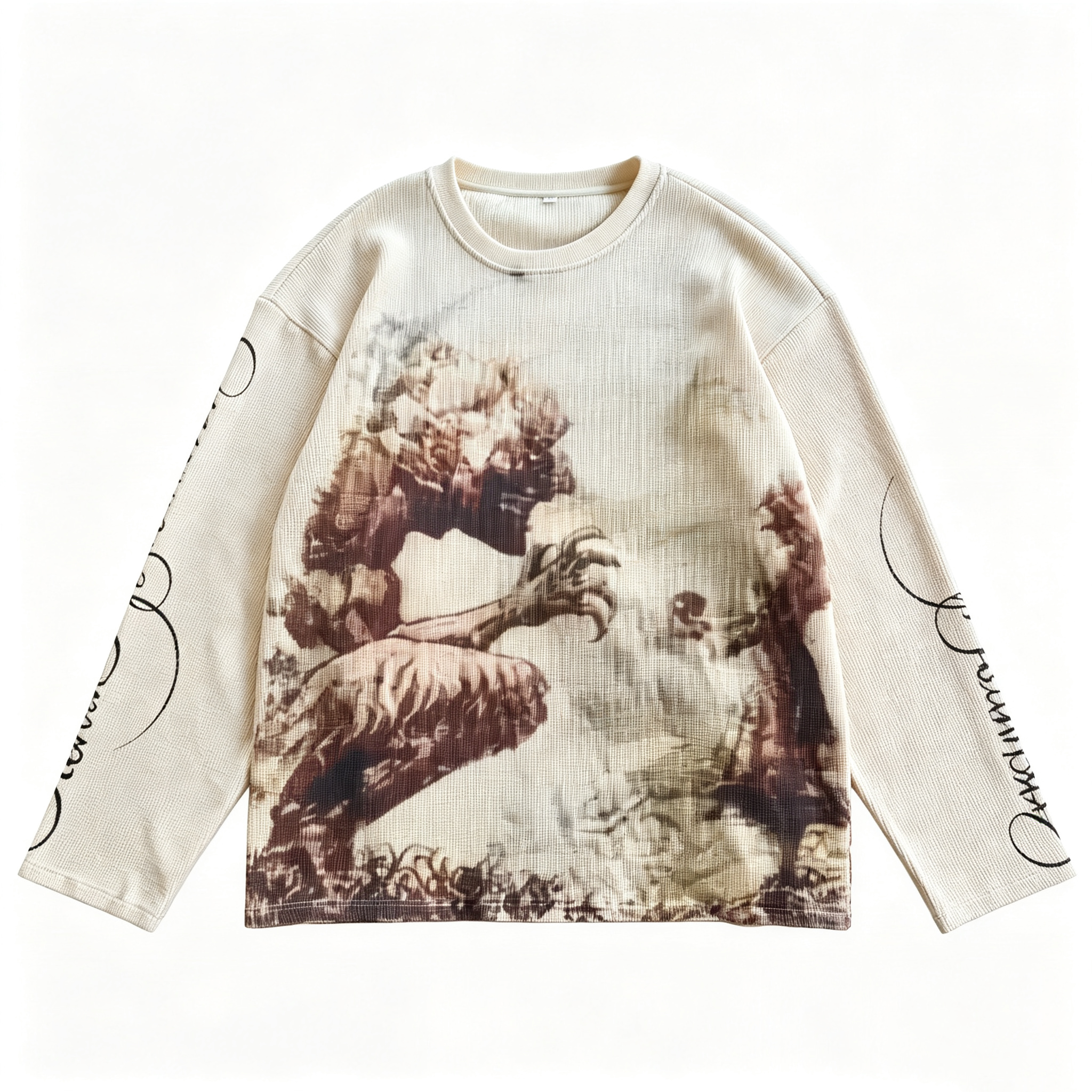 Vintage Gothic Graphic Waffle Long‑Sleeve Top