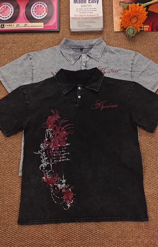 Vintage Acid Wash Floral Graphic Polo Shirt