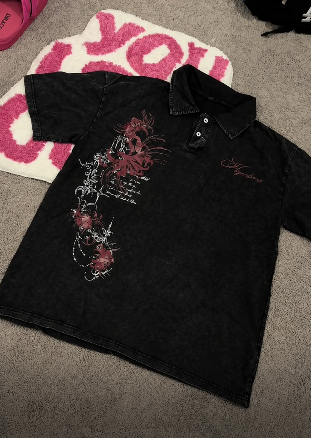 Vintage Acid Wash Floral Graphic Polo Shirt