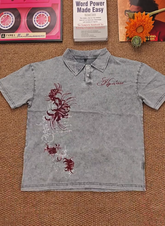 Vintage Acid Wash Floral Graphic Polo Shirt