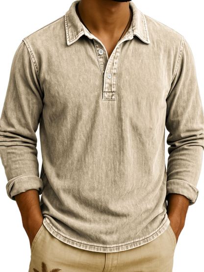 Men's Vintage Wash Long Sleeve Polo Shirt