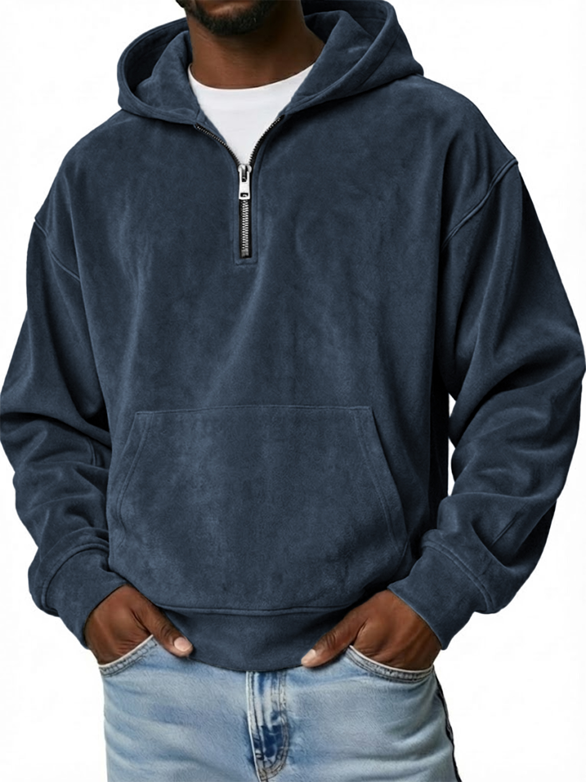 Men's Vintage Suede Loose-Fit Quarter-Zip Hooded Sweatshirt with Kangaroo Pocket