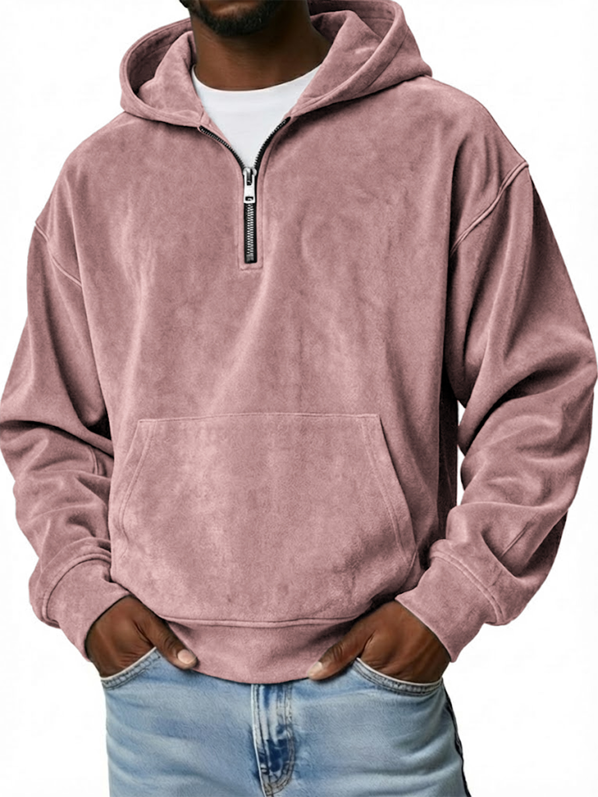 Men's Vintage Suede Loose-Fit Quarter-Zip Hooded Sweatshirt with Kangaroo Pocket