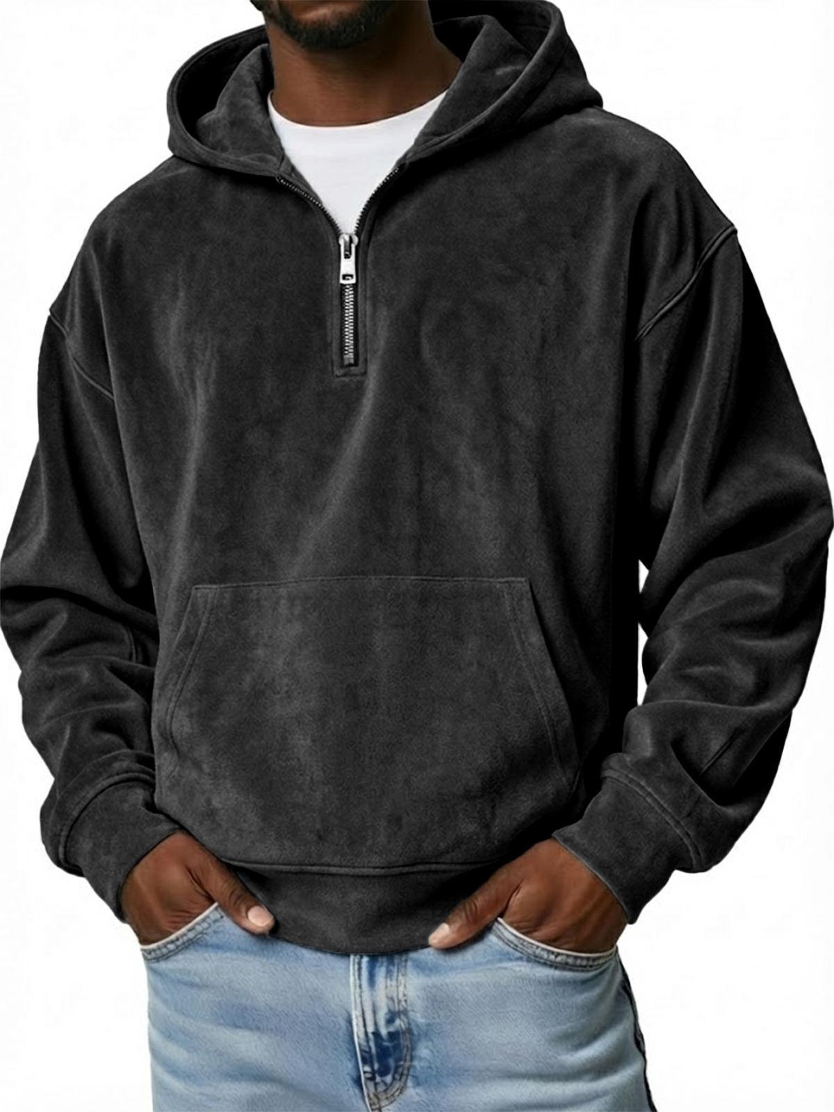 Men's Vintage Suede Loose-Fit Quarter-Zip Hooded Sweatshirt with Kangaroo Pocket