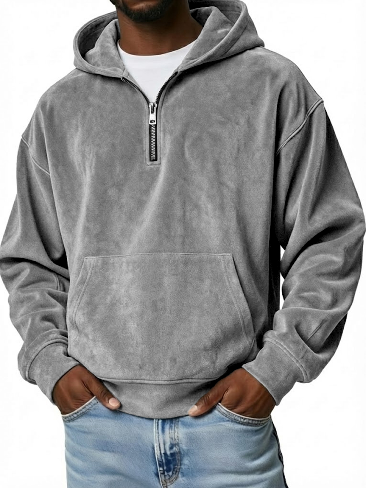 Men's Vintage Suede Loose-Fit Quarter-Zip Hooded Sweatshirt with Kangaroo Pocket