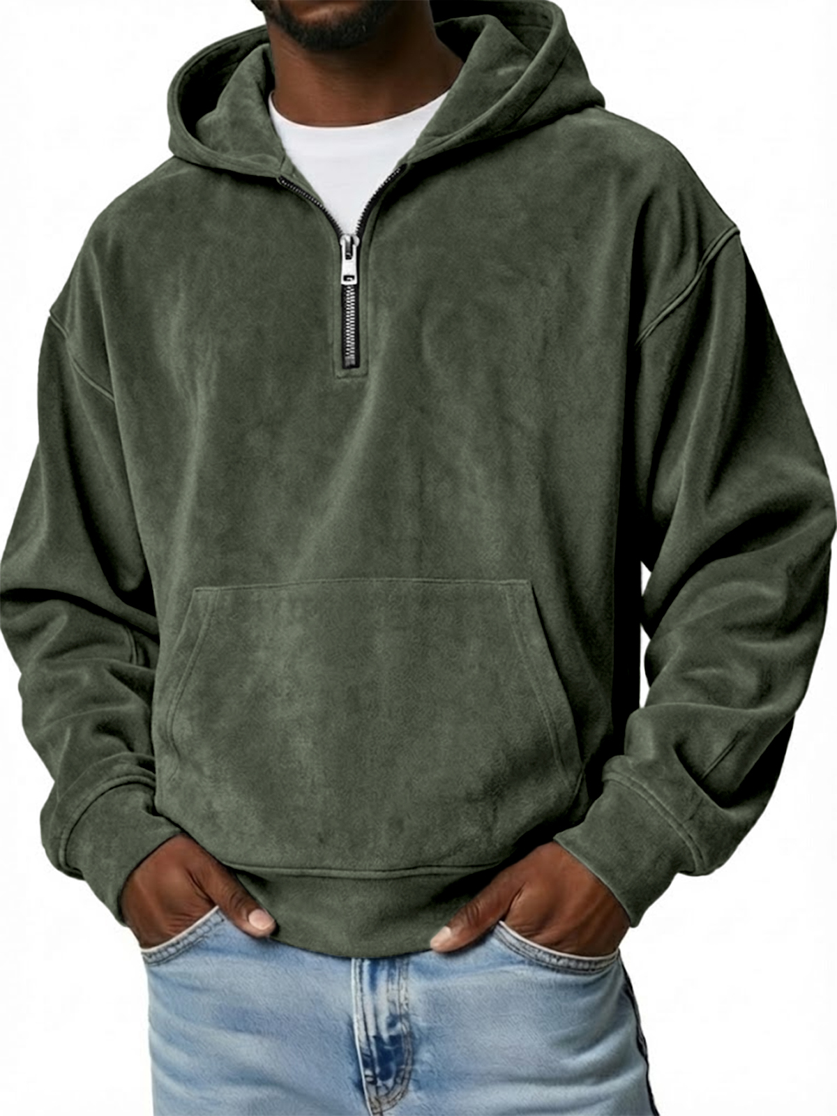 Men's Vintage Suede Loose-Fit Quarter-Zip Hooded Sweatshirt with Kangaroo Pocket