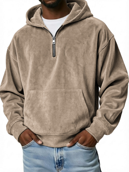 Men's Vintage Suede Loose-Fit Quarter-Zip Hooded Sweatshirt with Kangaroo Pocket