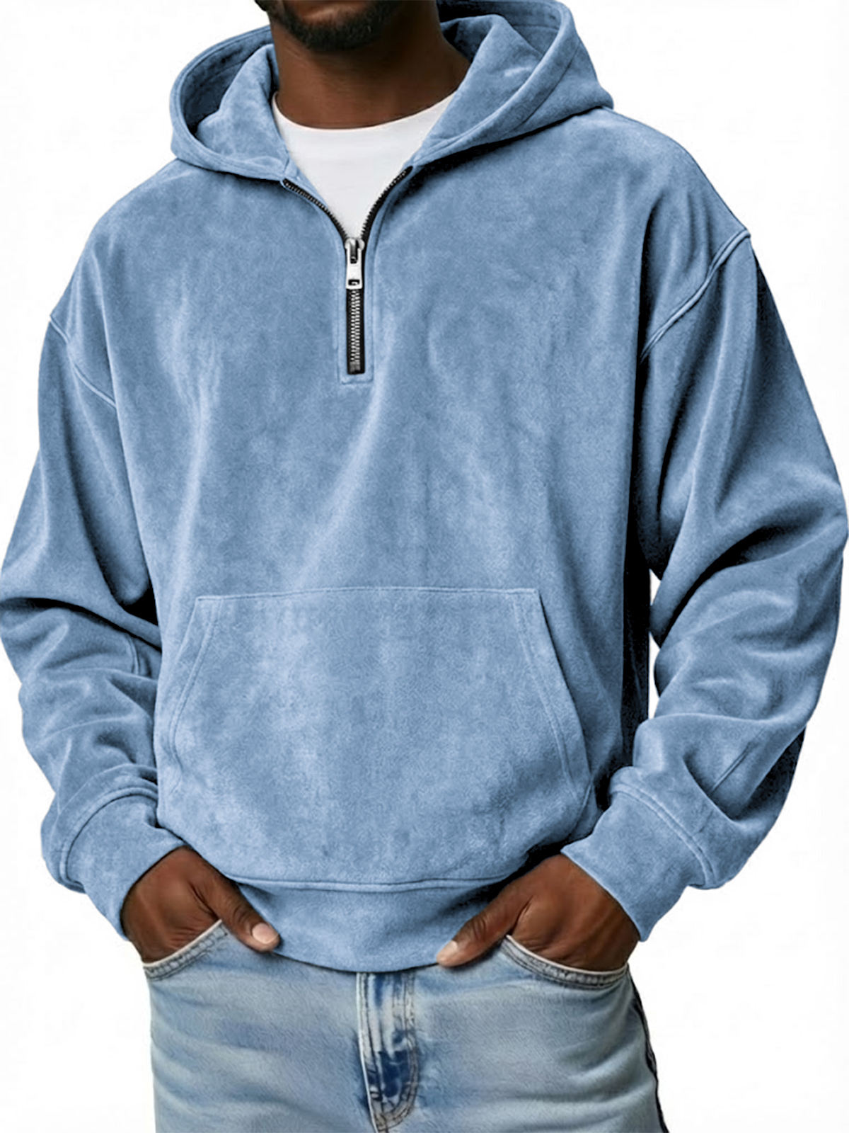 Men's Vintage Suede Loose-Fit Quarter-Zip Hooded Sweatshirt with Kangaroo Pocket