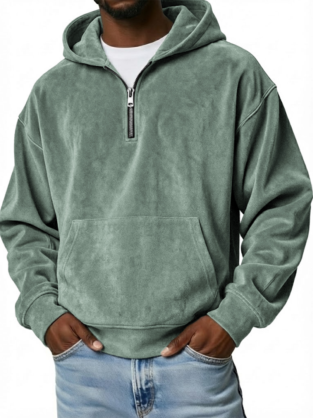 Men's Vintage Suede Loose-Fit Quarter-Zip Hooded Sweatshirt with Kangaroo Pocket