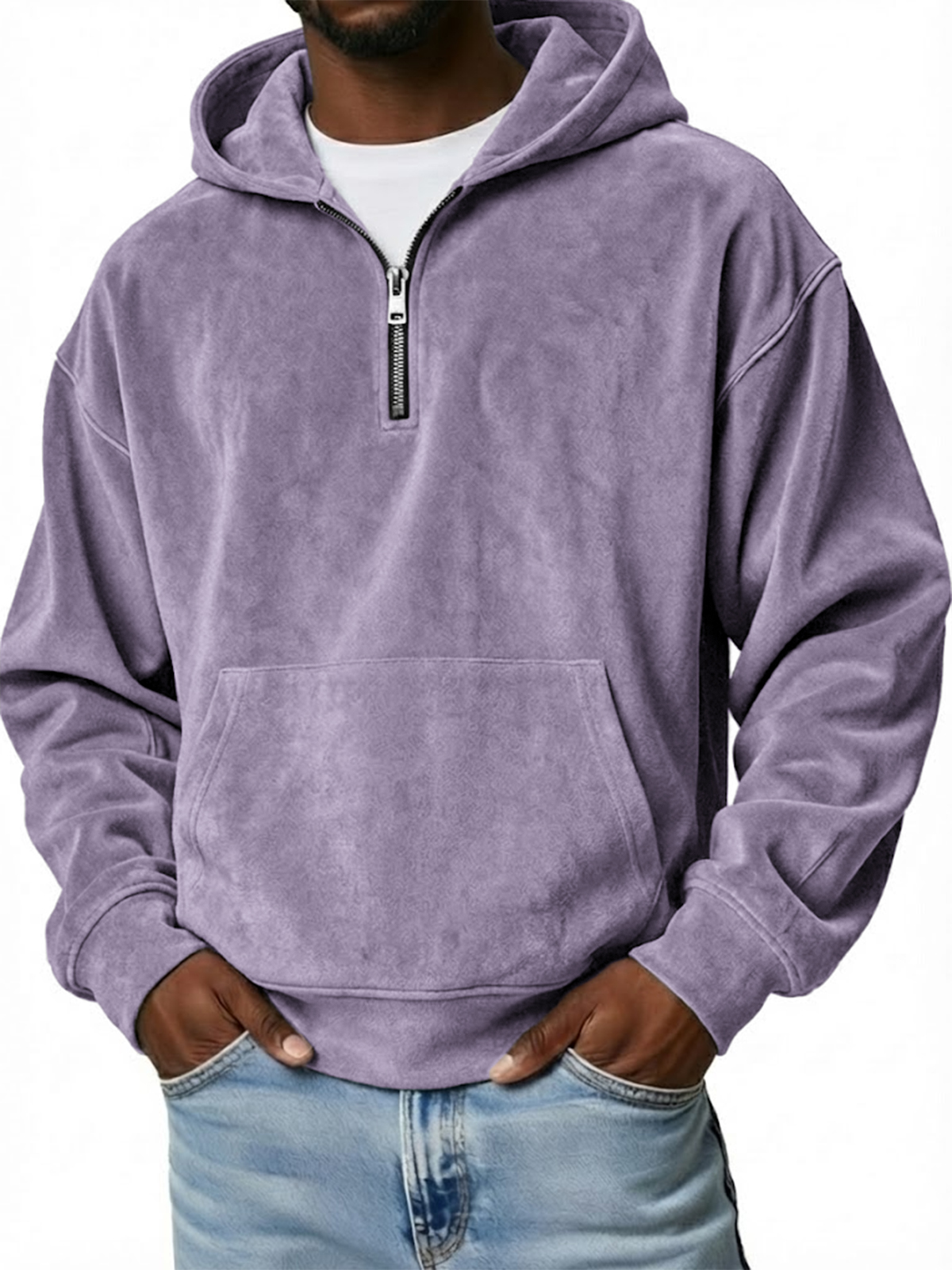 Men's Vintage Suede Loose-Fit Quarter-Zip Hooded Sweatshirt with Kangaroo Pocket