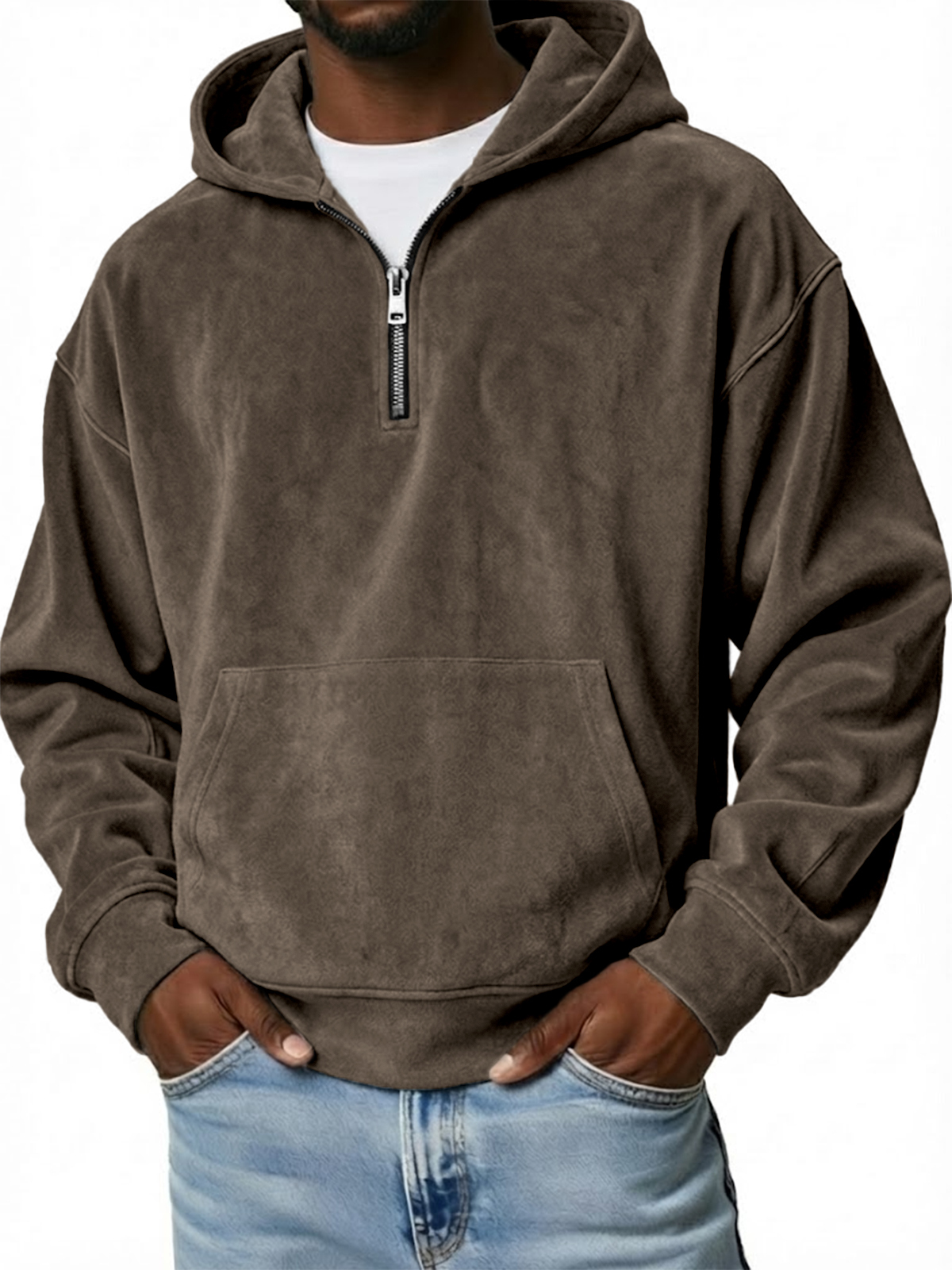 Men's Vintage Suede Loose-Fit Quarter-Zip Hooded Sweatshirt with Kangaroo Pocket