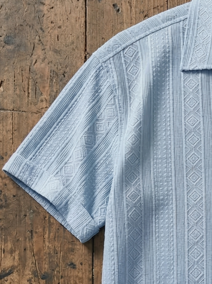 Men's Solid Color Casual Textured Lapel Short-Sleeve Shirt