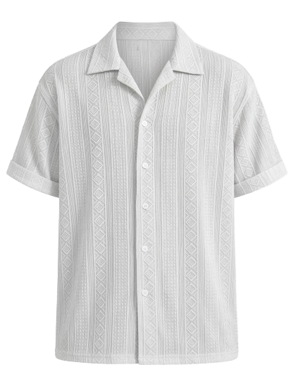 Men's Solid Color Casual Textured Lapel Short-Sleeve Shirt