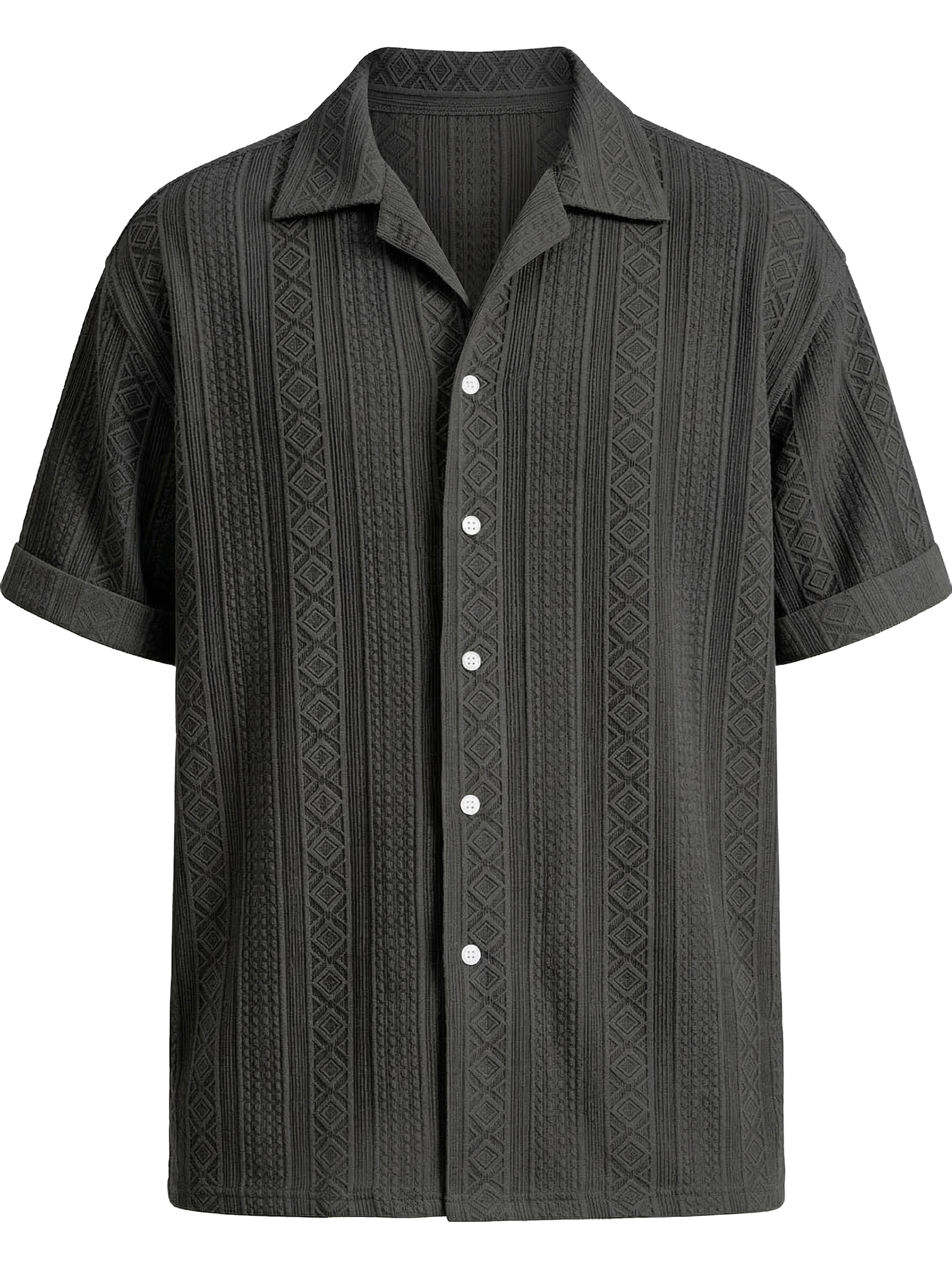 Men's Solid Color Casual Textured Lapel Short-Sleeve Shirt