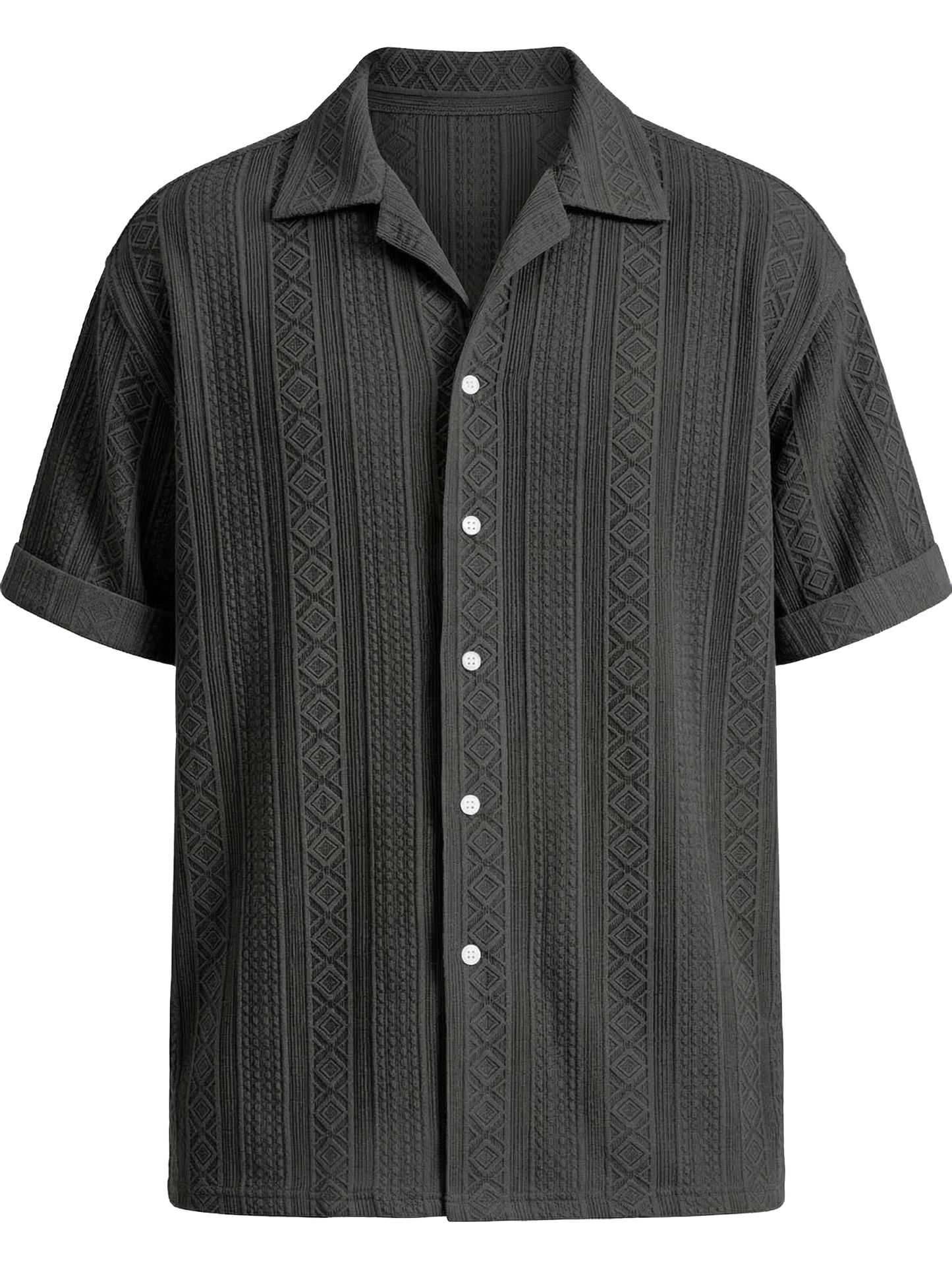 Men's Solid Color Casual Textured Lapel Short-Sleeve Shirt