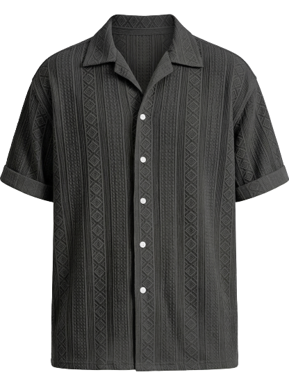 Men's Solid Color Casual Textured Lapel Short-Sleeve Shirt