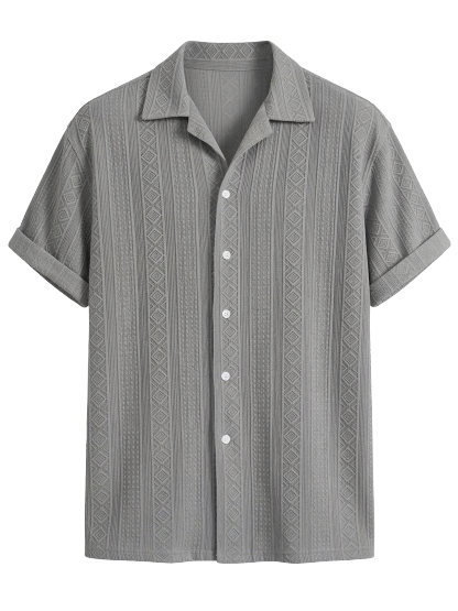 Men's Solid Color Casual Textured Lapel Short-Sleeve Shirt