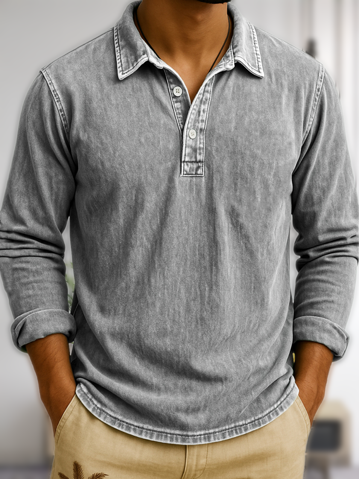 Men's Vintage Wash Long Sleeve Polo Shirt