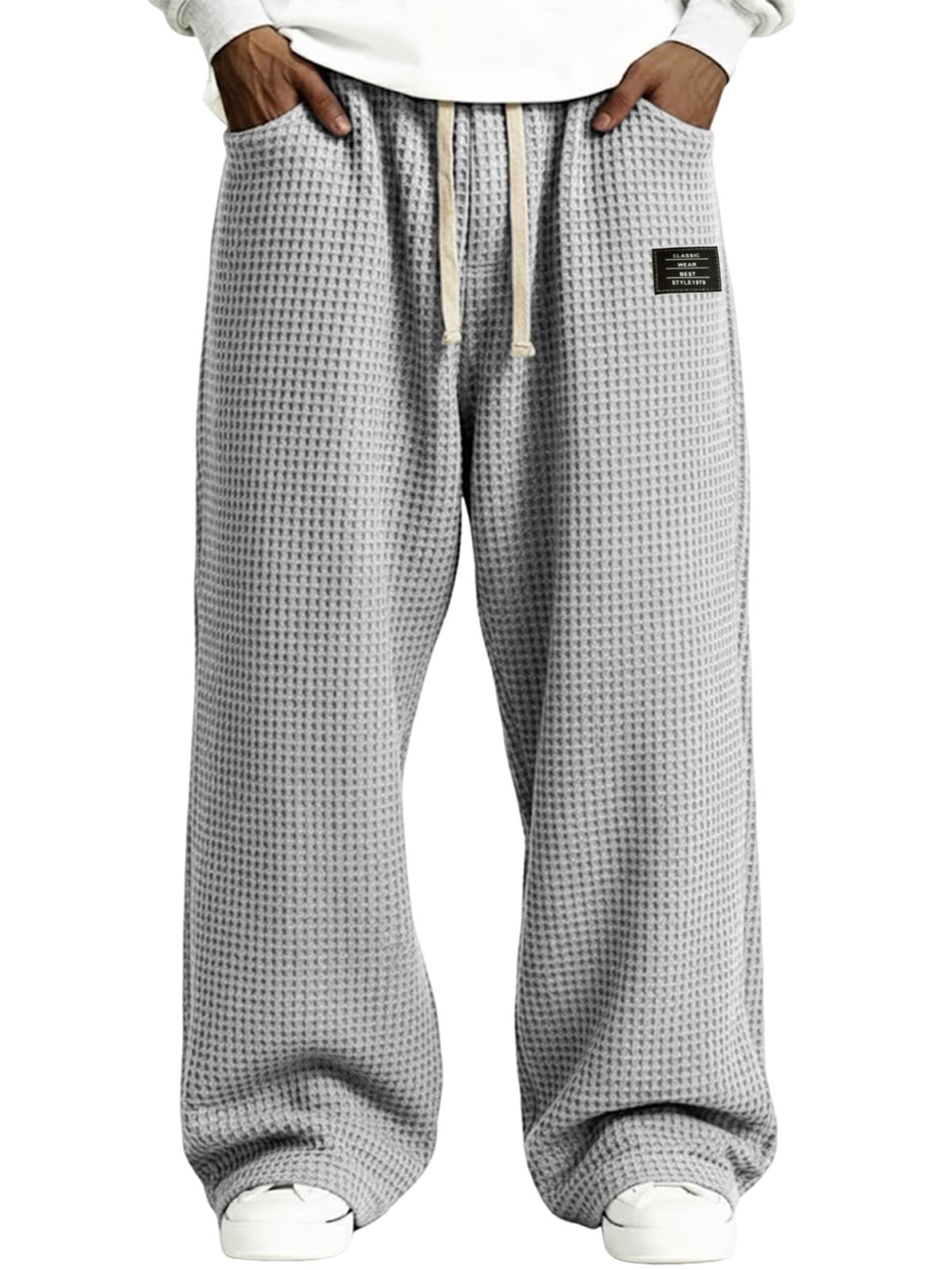 Men's Casual Waffle-Knit Drawstring Pants with Embroidered Label