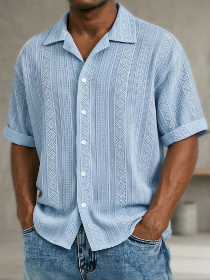 Men's Solid Color Casual Textured Lapel Short-Sleeve Shirt