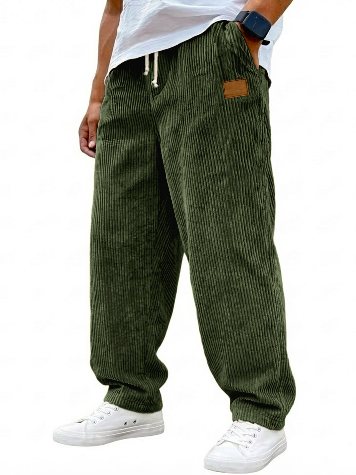 Men's Vintage Corduroy Casual Drawstring Trousers with Embroidered Label
