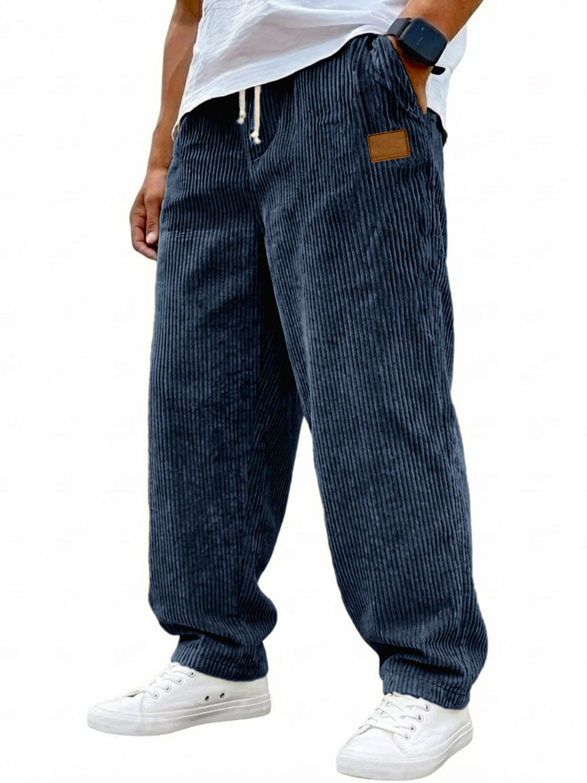 Men's Vintage Corduroy Casual Drawstring Trousers with Embroidered Label
