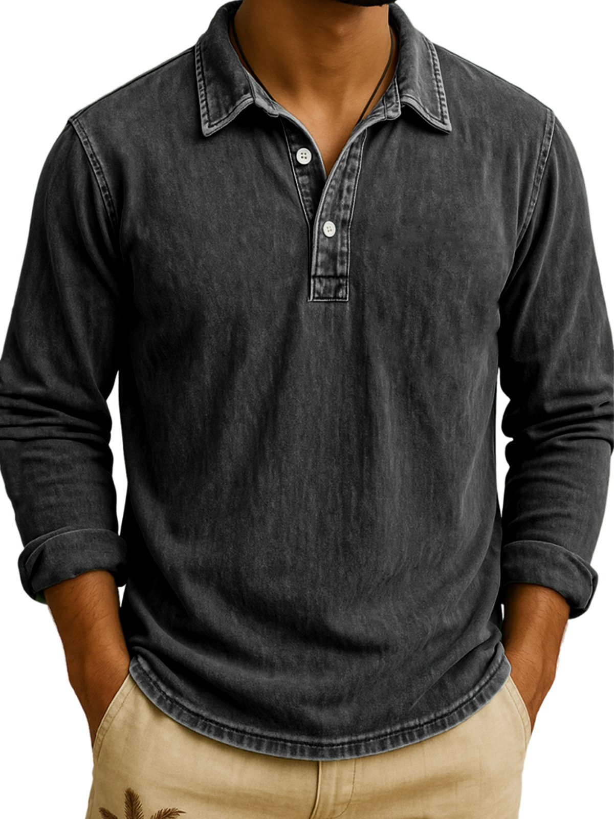 Men's Vintage Wash Long Sleeve Polo Shirt