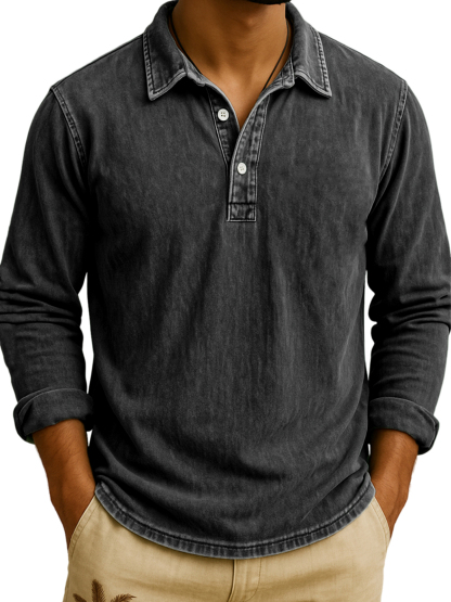 Men's Vintage Wash Long Sleeve Polo Shirt