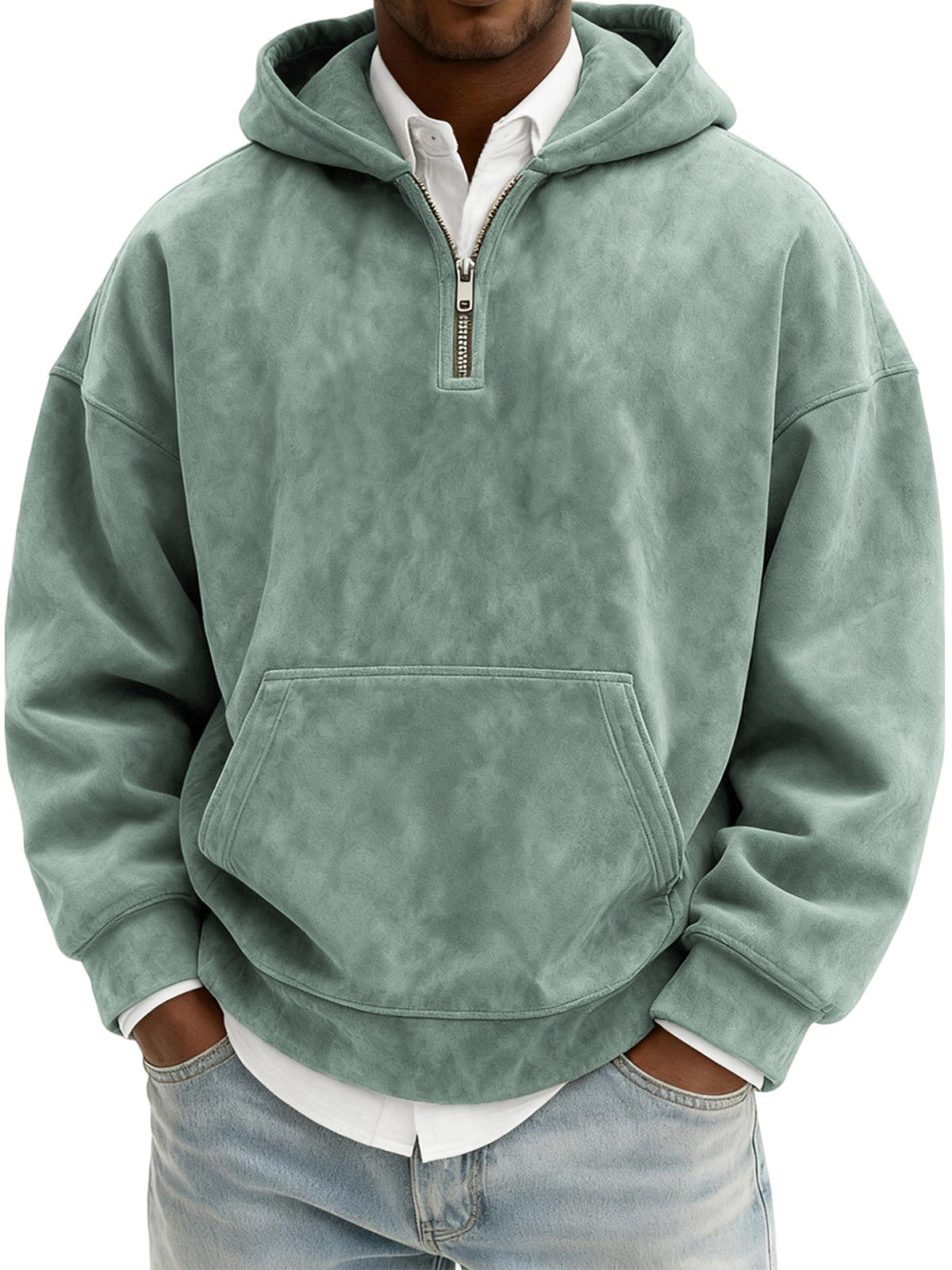 Men's Vintage Suede Quarter-Zip Hooded Sweatshirt with Kangaroo Pocket