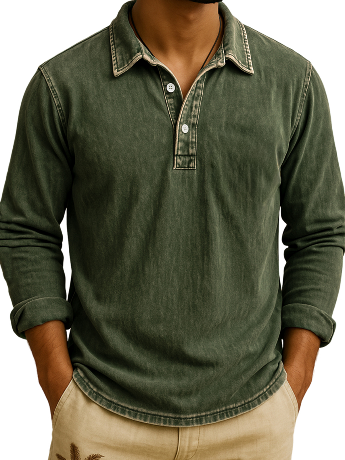 Men's Casual Daily Solid Color Pleated Texture Long-sleeved Lapel Polo